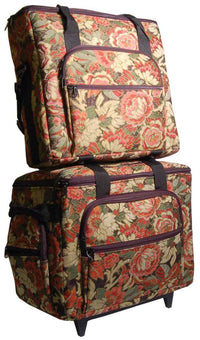 Hemline 2pcs Burgandy Floral Tapestry Trolley Bag