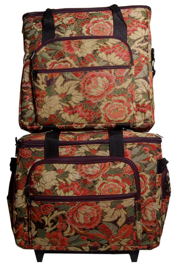 Hemline 2pcs Burgandy Floral Tapestry Trolley Bag