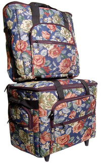 Hemline 2pcs Blue Floral Tapestry Trolley Bag