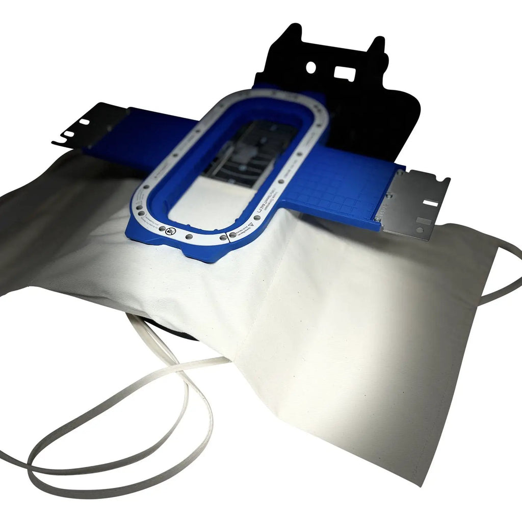 Hooper Mini with Combo Bracket System by Tex Inc, blue plastic hoop over white fabric