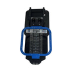 Hooper Mini with Combo Bracket System by Tex Inc; blue hoop frame on a black hooping station with vertical scale.