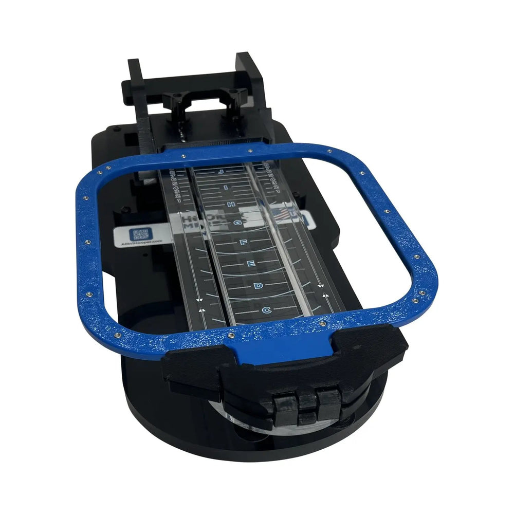 Hooper Mini with Combo Bracket System hooping station, blue frame on black base by Tex Inc.