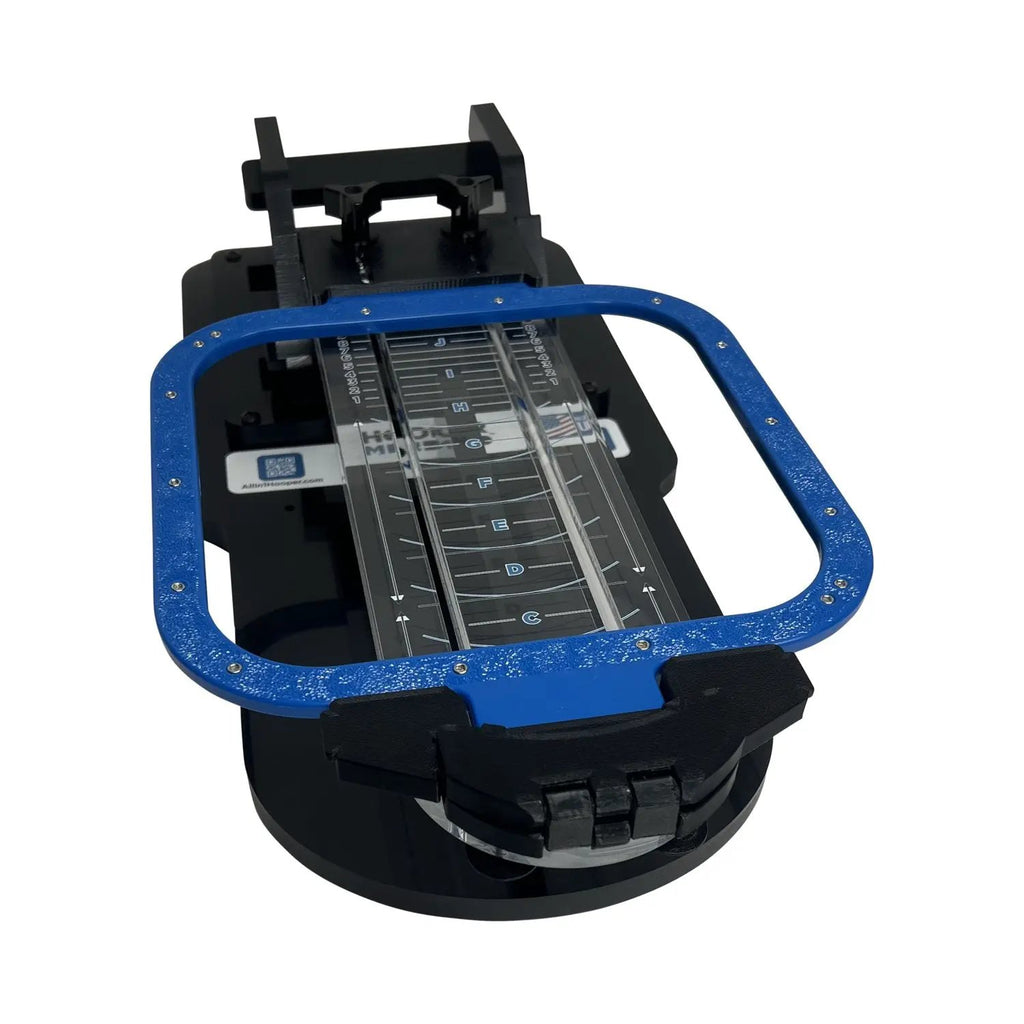 Hooper Mini with Combo Bracket System hooping station, blue frame on black base by Tex Inc.