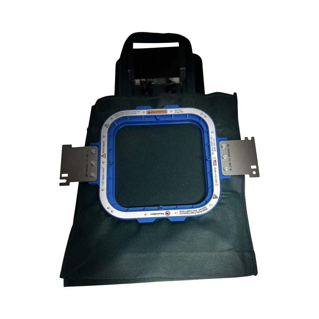 Hooper Mini with Combo Bracket System hooping station by Tex Inc, blue frame with metal brackets on a green bag