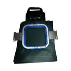 Hooper Mini with Combo Bracket System hooping station by Tex Inc, blue frame with metal brackets on a green bag