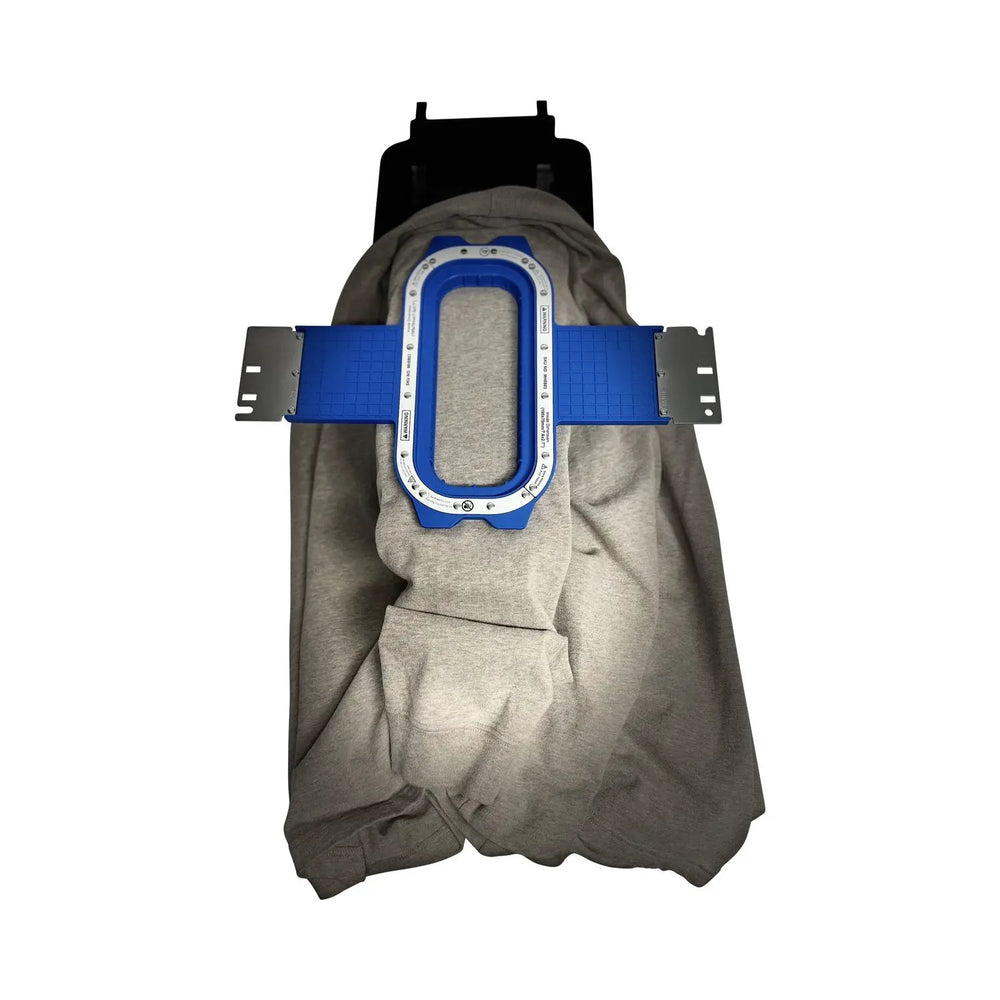 Hooper Mini with Combo Bracket System by Tex Inc mounted on blue metal bracket worn on shoulder of gray hoodie