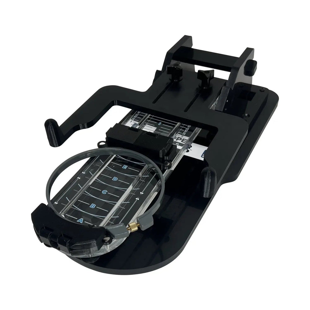 Hooper Mini with Combo Bracket System hooping station, black with a clear circular embroidery hoop.