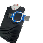 Hooping station with blue Tex Inc Hooper One + Leveler Pro Plus embroidery hoops on a black shirt.