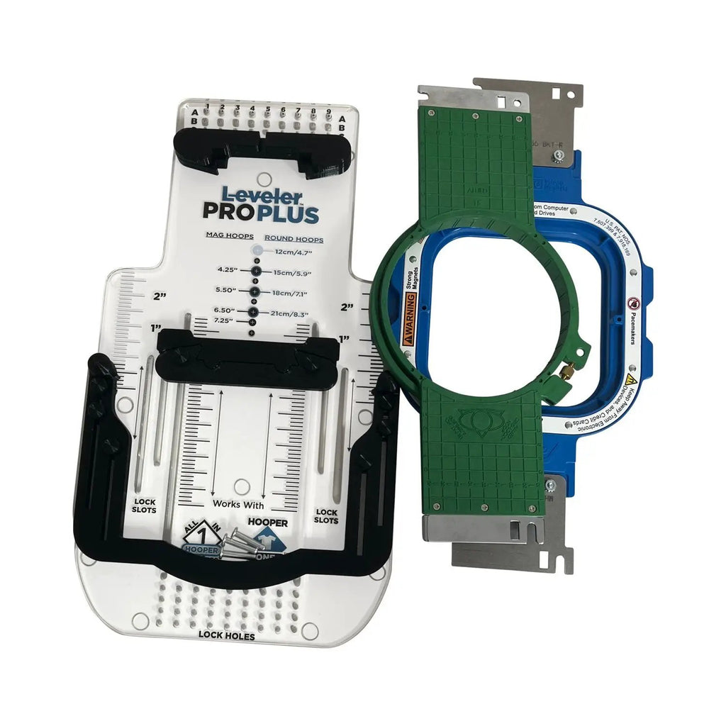 Hooper One + Leveler ProPlus embroidery hoop system by Tex Inc; white base with green and blue hoop brackets
