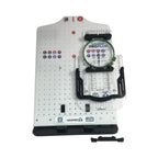 Hooping station with Leveler Pro Plus circular green hoop mounted on white perforated embroidery hoop base