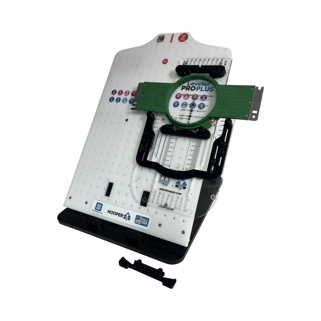 Hooper One hooping station with Leveler ProPlus green hoop and Mighty & Standard Hoop Combo Brackets by Tex Inc