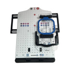 Hooping Station by Tex Inc; Hooper One + Leveler Pro Plus hoop kit with blue square hoop and Mighty & Standard brackets.