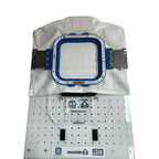 Hooper One + Leveler Pro Plus embroidery hoop system mounted on a stand, blue square hoop with silver brackets