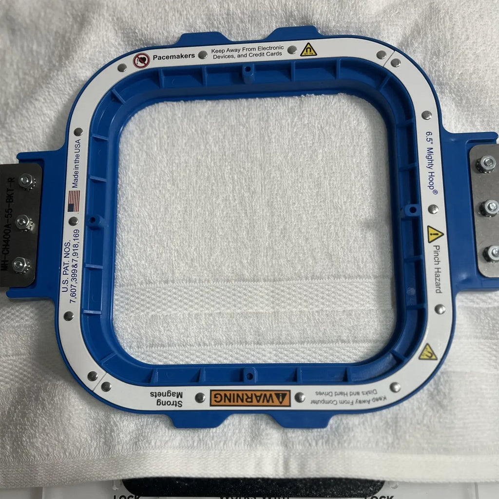 Hooping station frame by Tex Inc with Hooper One + Leveler Pro Plus Mighty & Standard Hoop Brackets, blue.