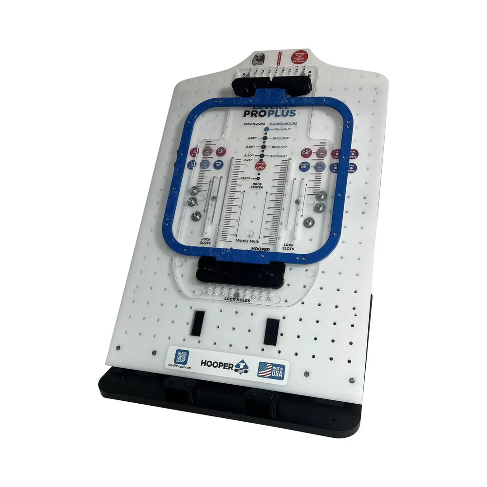 Hooping station Hooper One Leveler Pro Plus embroidery hoops combo by Tex Inc; white base with blue square hoop