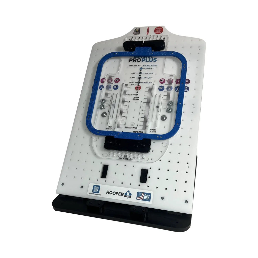 Hooping station Hooper One Leveler Pro Plus embroidery hoops combo by Tex Inc; white base with blue square hoop