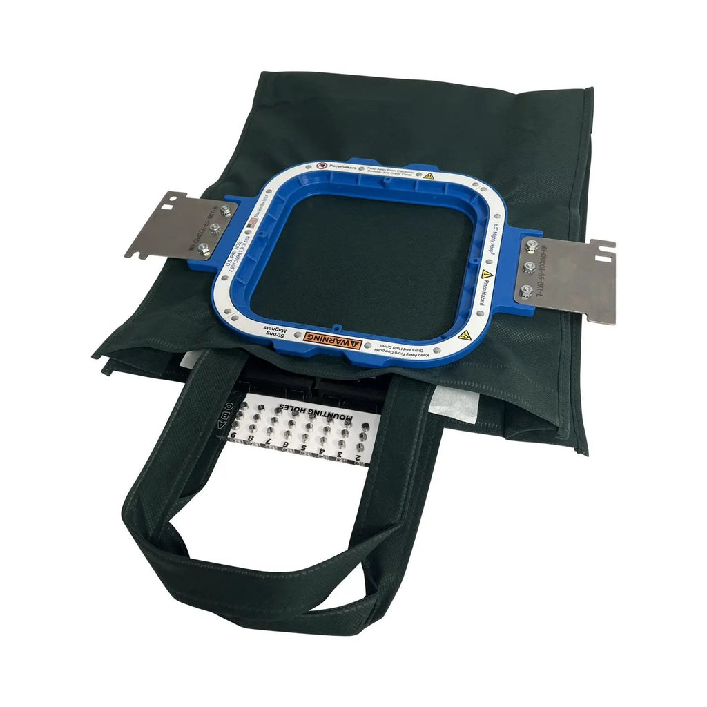 Tex Inc Hooping Station embroidery hoop with Mighty & Standard Hoop Combo Brackets; blue frame on a green carrying bag
