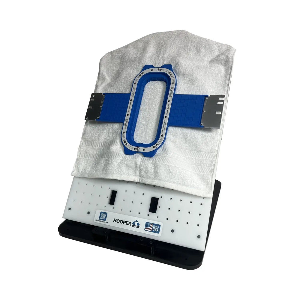 Hooper One + Leveler Pro Plus hooping station by Tex Inc with blue U-frame leveler and Mighty/Standard hoop brackets