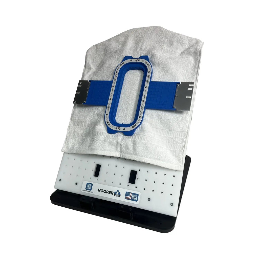 Hooper One + Leveler Pro Plus hooping station by Tex Inc with blue U-frame leveler and Mighty/Standard hoop brackets