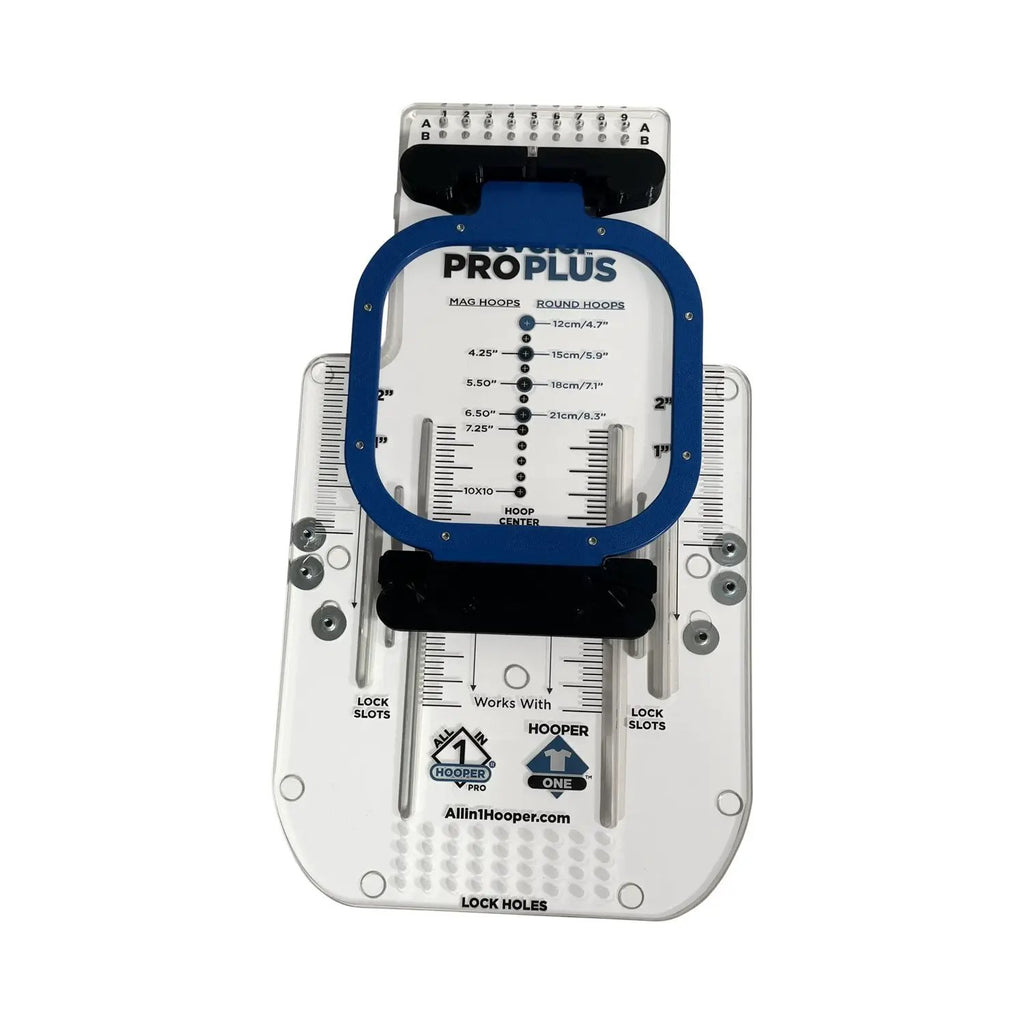 Hooper Pro Plus hooping station with blue hoop brackets for embroidery hoops