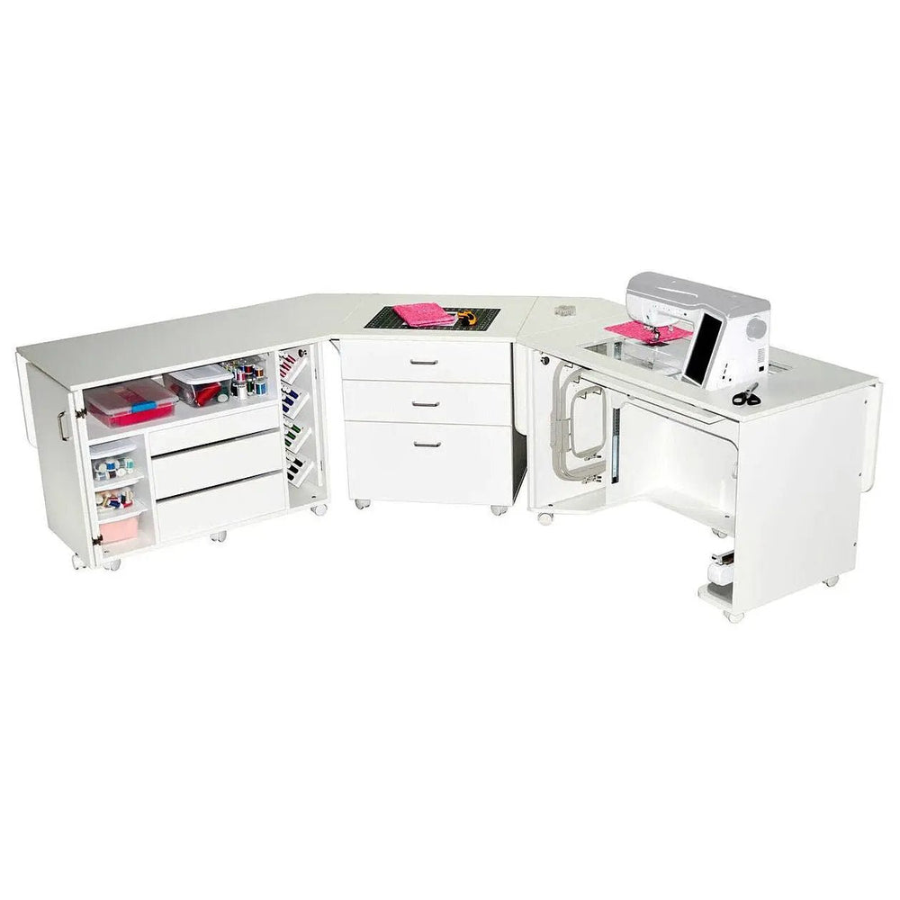 Horn Model 60 Corner Caddy Pro white corner sewing center with drawers and built-in sewing machine.