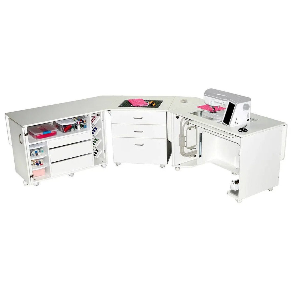Horn Model 60 Corner Caddy Pro white corner sewing center with drawers and built-in sewing machine.