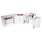 Horn Model 60 Corner Caddy Pro white corner sewing center with drawers and built-in sewing machine.