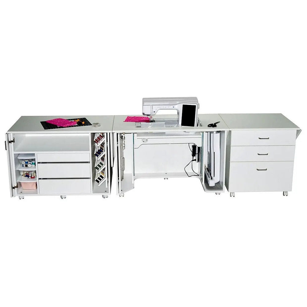 Horn Model 60 Corner Caddy Pro sewing cabinet, white finish with sewing machine on top and left storage