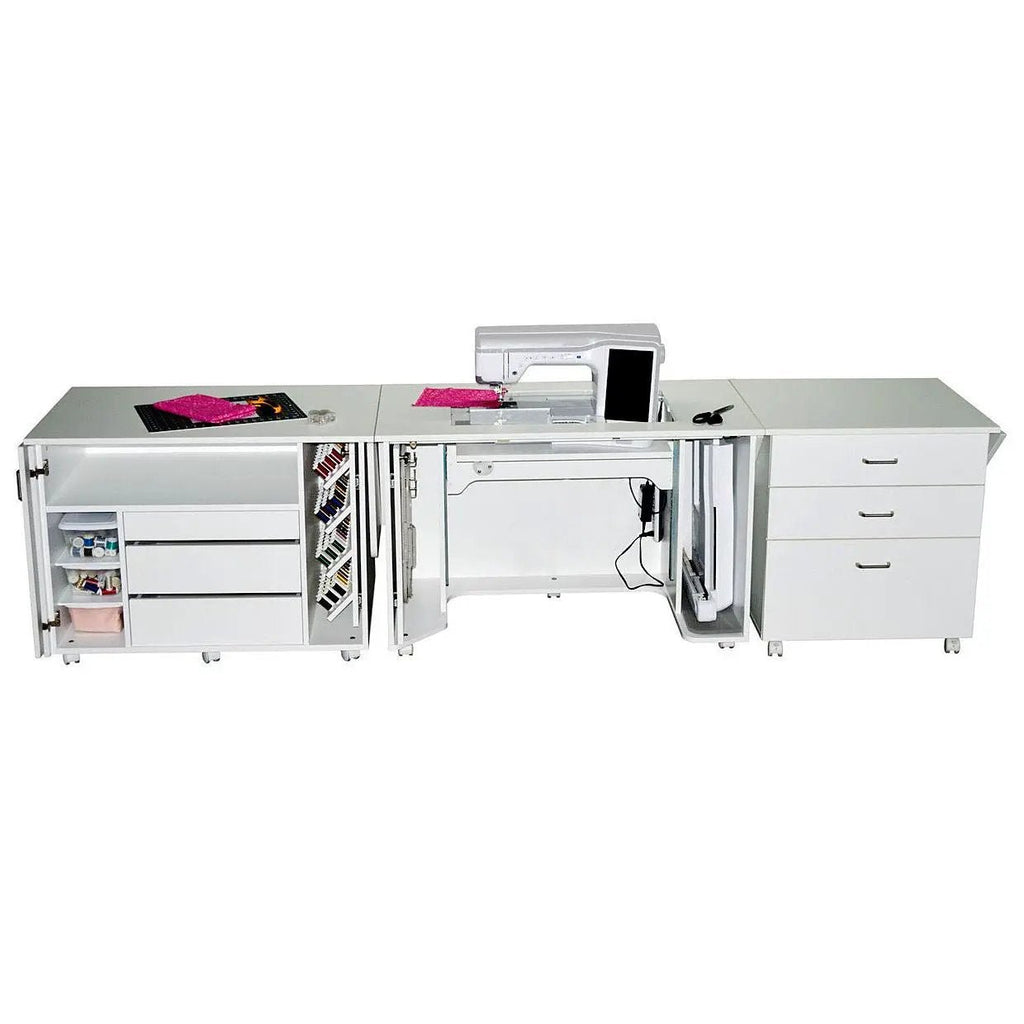 Horn Model 60 Corner Caddy Pro sewing cabinet, white finish with sewing machine on top and left storage