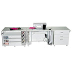 Horn Model 60 Corner Caddy Pro sewing cabinet, white finish with sewing machine on top and left storage