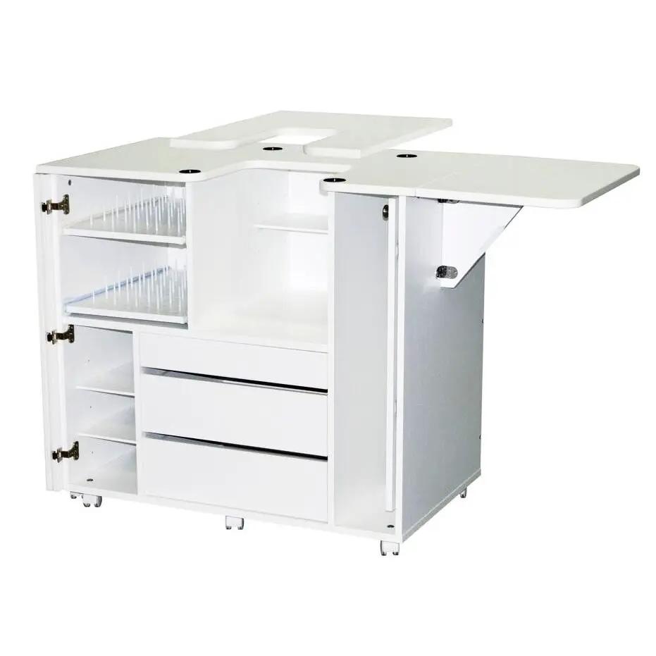 Horn Model 65 Embroidery Cabinet Pro, white Horn of America cabinet with drawers and drop-down work surface.