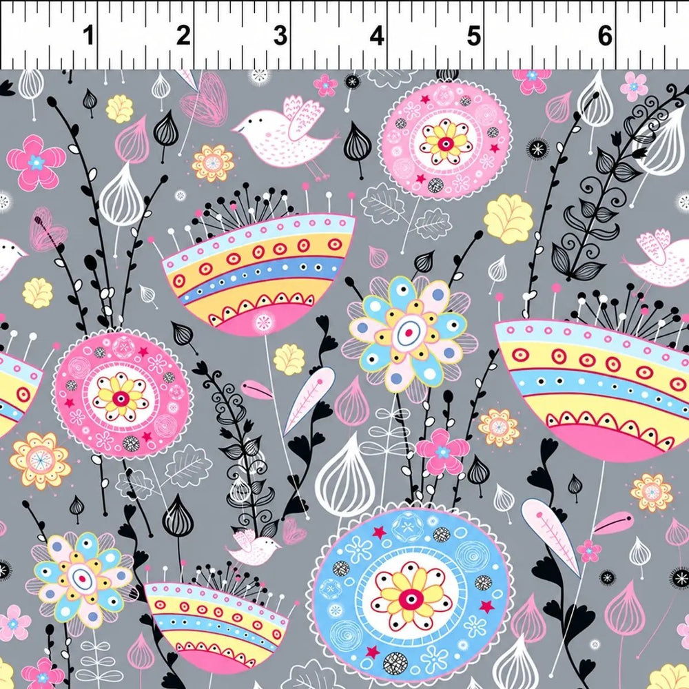 Alice Flowers & Birds Multi quilting cotton fabric by Jason Yenter featuring colorful flowers and whimsical birds on a soft gray background.