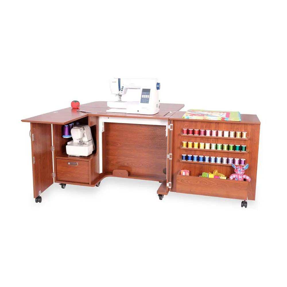 Kangaroo Wallaby II Studio sewing cabinet in teak with white sewing machine and thread spool rack