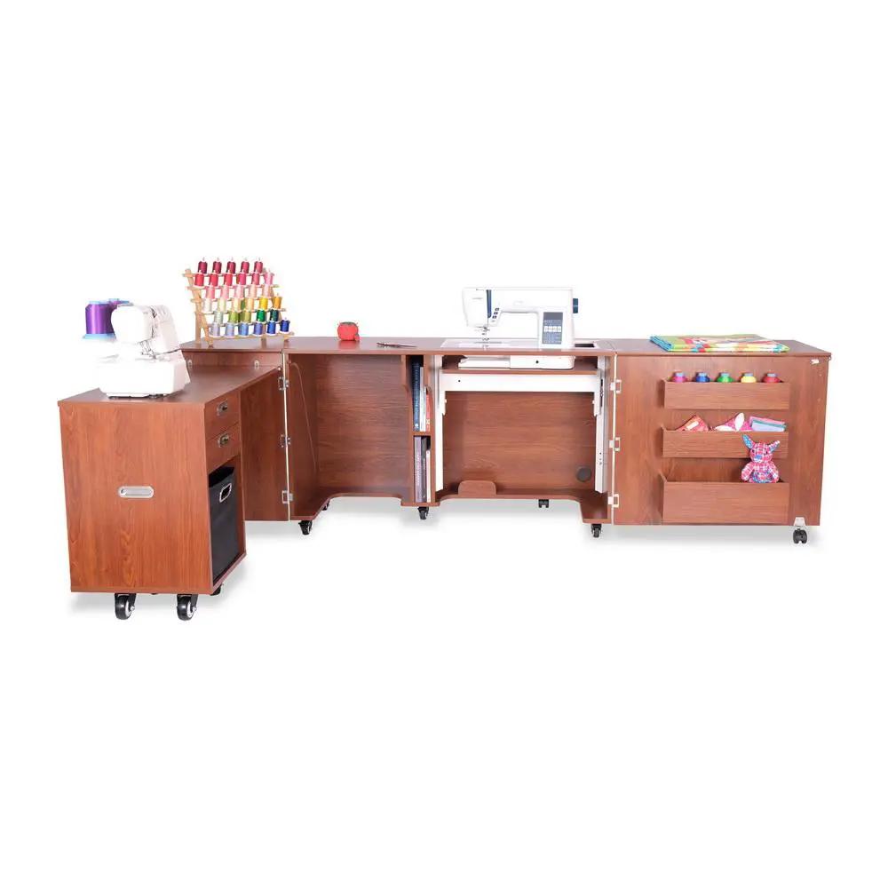 Kangaroo Sewing Furniture TEAK Aussie Studio Dingo II sewing cabinet set with air lift on rolling modular cabinets