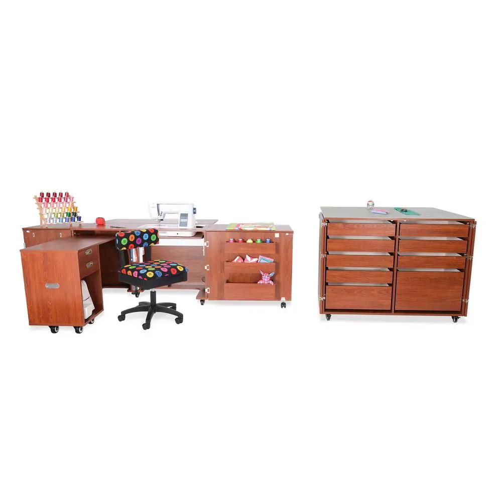 Kangaroo TEAK sewing cabinet set, 3-piece with air lift; desk with machine, chair, spool rack, and rolling drawer unit.
