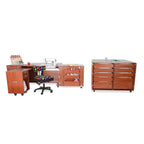 Kangaroo TEAK sewing cabinet set, 3-piece with air lift; desk with machine, chair, spool rack, and rolling drawer unit.