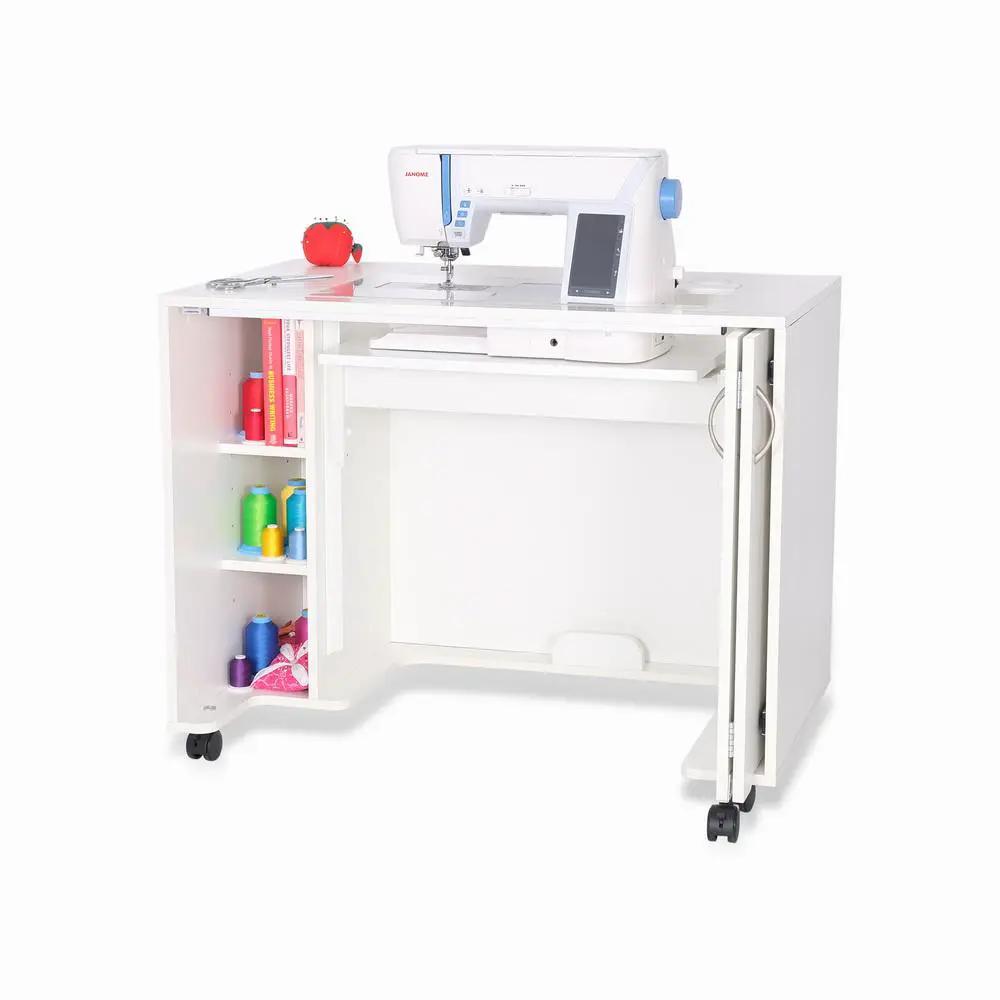 Arrow Mod sewing cabinet, white rolling unit with left spool shelves and top-mounted sewing machine.