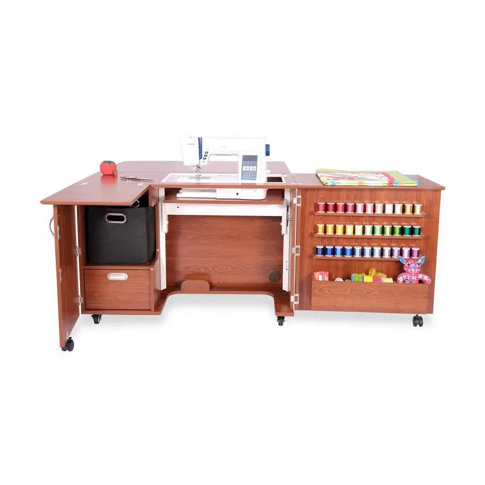 Sewing cabinet set by Kangaroo Sewing Furniture in teak with sewing machine, thread rack, and side storage drawers