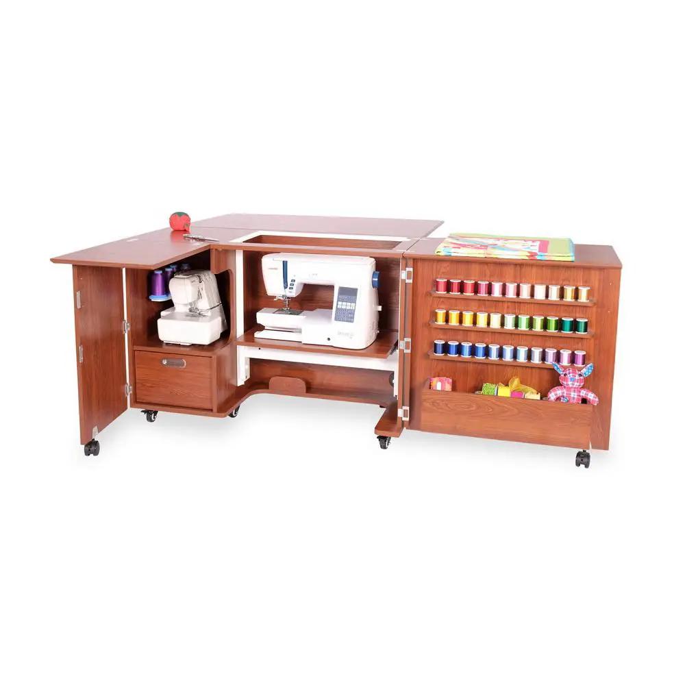 Kangaroo Sewing Furniture Wallaby II Studio teak sewing cabinet set with two sewing machines and thread spools