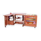 Kangaroo Sewing Furniture Wallaby II Studio teak sewing cabinet set with two sewing machines and thread spools