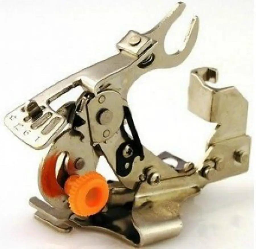 Ruffler foot, high shank presser foot with orange adjustment knob; metal construction for precise pleat feeding.