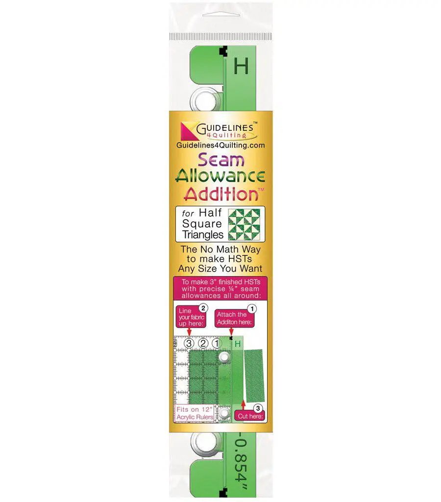 Quilting ruler accessory Guidelines 4 Quilting, Seam Allowance Addition for Half Square Triangles, green finger guard.