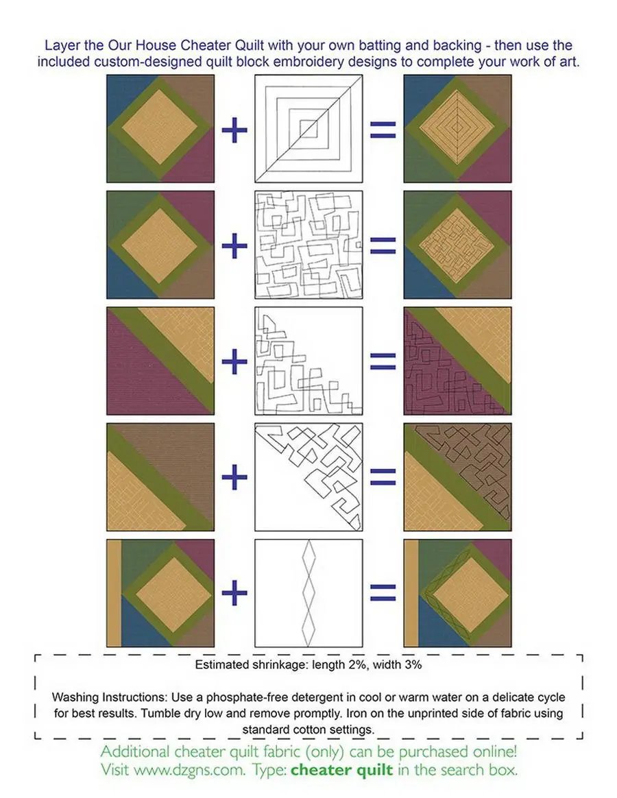 Dime Our House Cheater Quilt with Designs quilting templates; shows multicolor block layouts and embroidery designs.