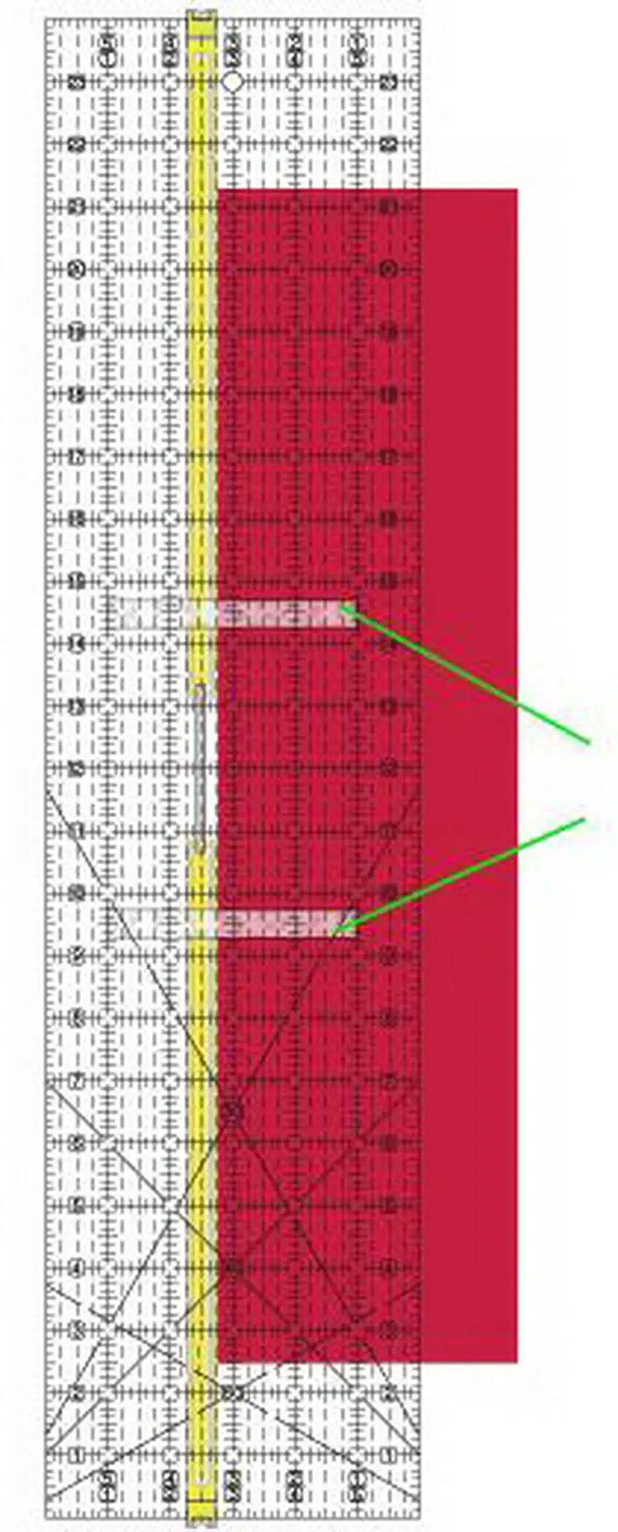 Guidelines 4 Quilting Quilt Ruler Upgrade Kit with a clear ruler featuring a yellow center line and red fabric overlay