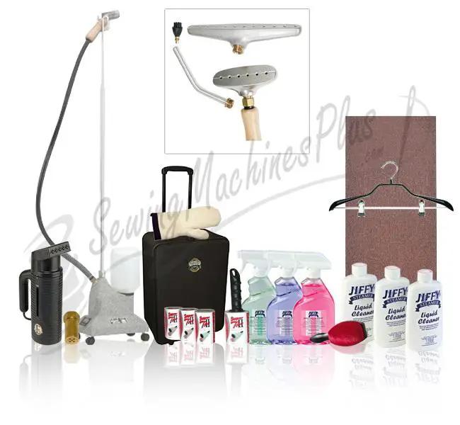 Jiffy J-2I Personal Steamer I Want It All kit featuring stand, iron head, hanger and cleaners