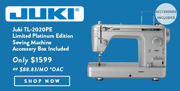 Juki TL-2020PE Limited Platinum Edition Sewing Machine banner with offer details