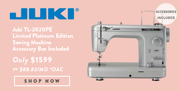 Juki TL-2020PE Limited Platinum Edition Sewing Machine banner with offer details