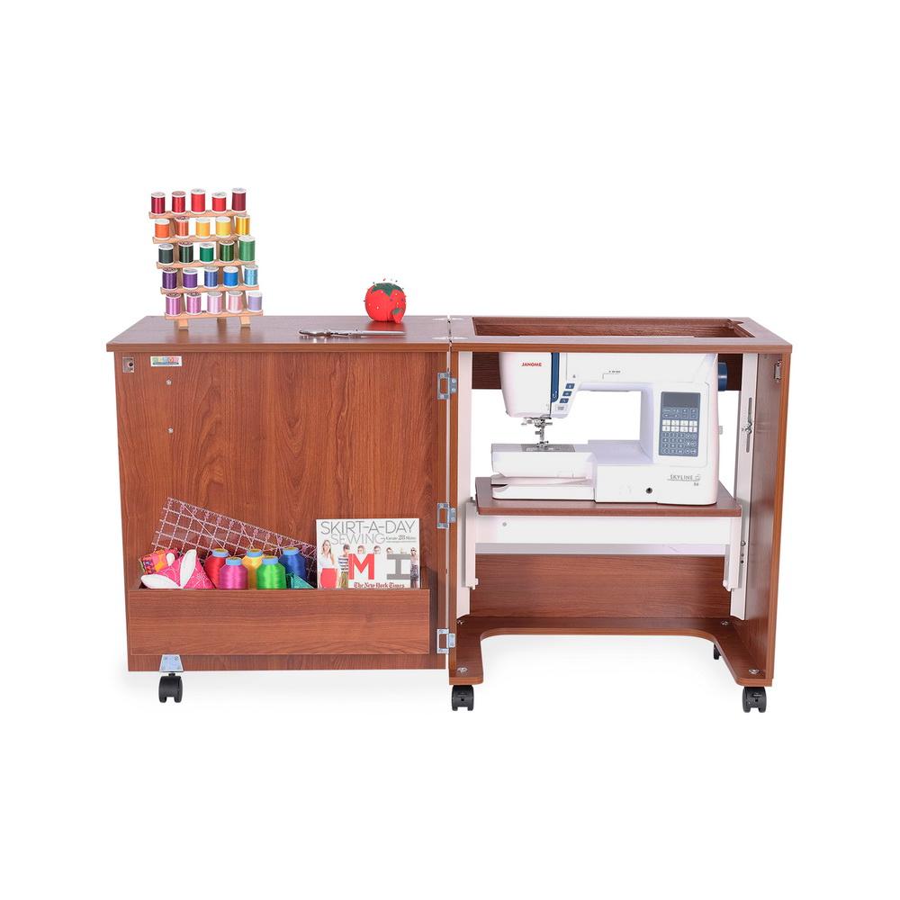 Arrow 105 Judy Sewing and Craft Table with Storage and Adjustable 3 - Position Lift - Teak - Sewingmachinesplus.com