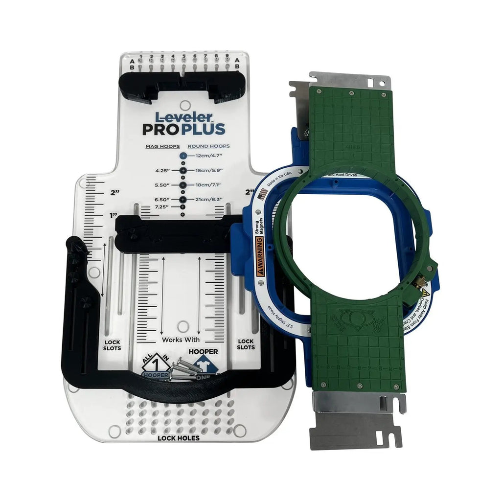 Leveler Pro Plus Small & Large Hoop Kit Add-On for Hooping Station by Tex Inc; blue hoop with green mounting plate