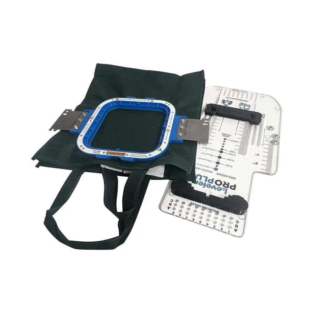 Leveler Pro Plus Small & Large Hoop Kit Add-On for Hooping Station by Tex Inc; blue square hoop with measurement board
